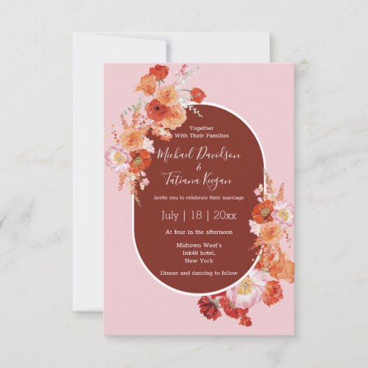 Invitation aquarelle fleurie marron rose design mariage (Devant)