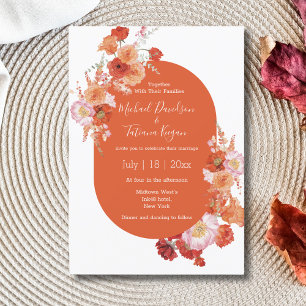 Invitation aquarelle fleurie orange rose brun chic mariage