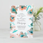 Invitation aquarelle fleurie romantique mariage turquoise (Debout devant)