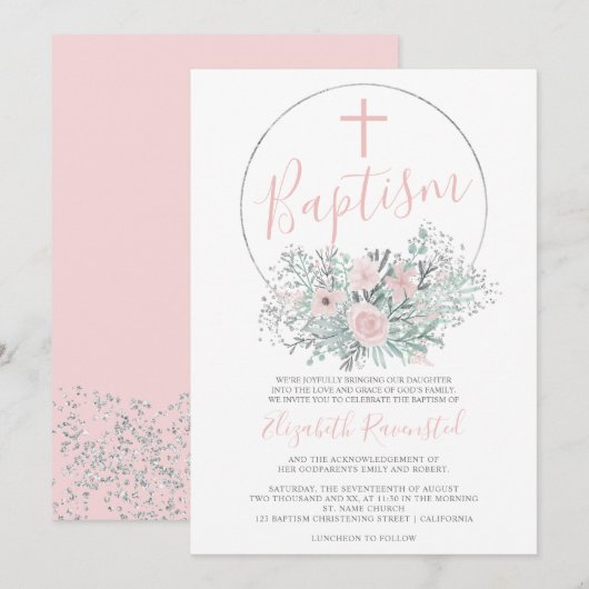 Invitation Aquarelle fleurie rose confetti d'argent baptême (Devant / Derrière)