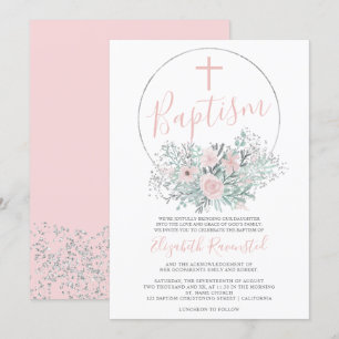 Invitation Aquarelle fleurie rose confetti d'argent baptême