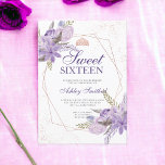 Invitation Aquarelle fleurie violette tiara or rose Sweet 16<br><div class="desc">Cadre géométrique en or rose et parties scintillant confetti typographie Sweet 16 anniversaire avec des branches de feuilles d'aquarelle peintes à la main,  fleurs de lavande violet,  parfait pour la fête d'anniversaire du printemps et d'été avec une tiare de couronne d'or rose..</div>