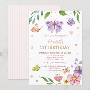 Invitation Aquarelle Fleuriste Papillon Rayé Anniversaire