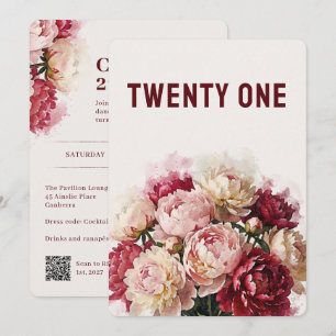 Invitation Aquarelle Fleurs 21e anniversaire de la pivoine