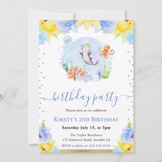 Invitation Aquarelle Fleurs Animaux Sous-Marins Anniversaire (Devant)