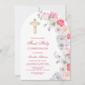 Invitation Aquarelle Fleurs Arc Première communion (Devant)