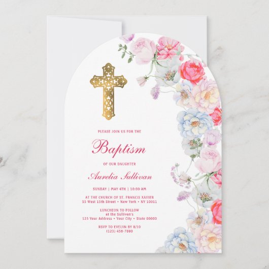 Invitation Aquarelle Fleurs Arch Baptism (Devant)