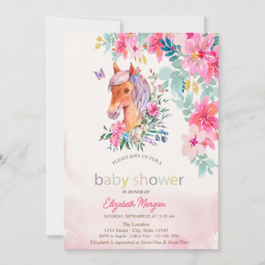 Invitation Aquarelle Fleurs Baby shower Cheval de Pony (Devant)