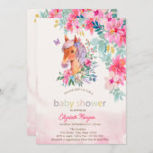 Invitation Aquarelle Fleurs Baby shower Cheval de Pony (Devant / Derrière)
