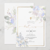 Invitation Aquarelle Fleurs Baptême Dusty Bleu Pois Doux (Devant / Derrière)