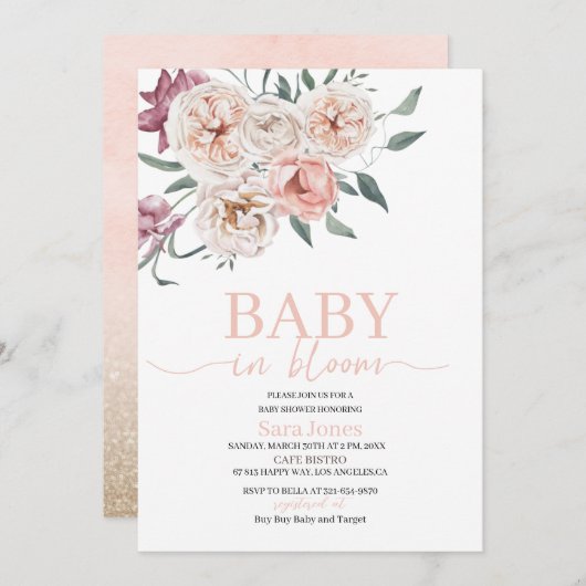 Invitation Aquarelle Fleurs bébé en Baby shower fleuri (Devant / Derrière)