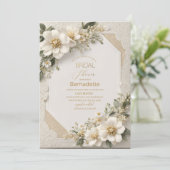 Invitation Aquarelle fleurs blanches 3D or Fête de mariage (Debout devant)