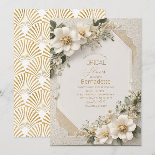 Invitation Aquarelle fleurs blanches 3D or Fête de mariage (Devant / Derrière)