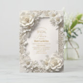 Invitation Aquarelle fleurs blanches 3D or Fête de mariage (Debout devant)