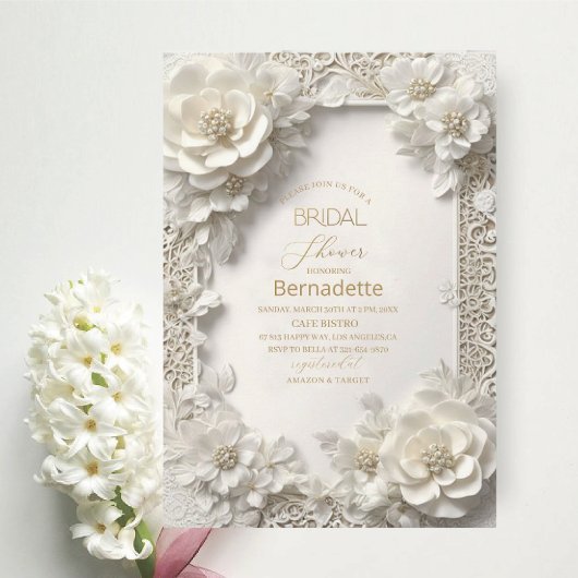 Invitation Aquarelle fleurs blanches 3D or Fête de mariage