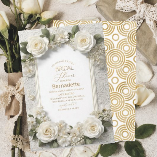 Invitation Aquarelle fleurs blanches 3D or Fête de mariage