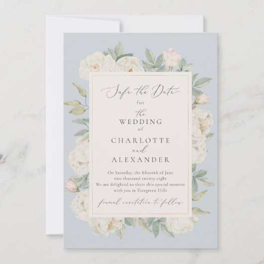 Invitation Aquarelle fleurs blanches, bleu clair enregistrer  (Devant)