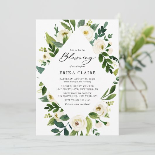 Invitation Aquarelle Fleurs blanches Cadre Blessure bébé (Debout devant)