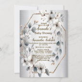 Invitation Aquarelle Fleurs blanches Cadre doré Argent Turquo (Devant)