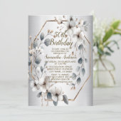 Invitation Aquarelle Fleurs blanches Cadre doré Argent Turquo (Debout devant)