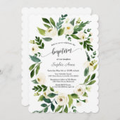 Invitation Aquarelle Fleurs blanches Croix d'or Fille Baptême (Devant / Derrière)