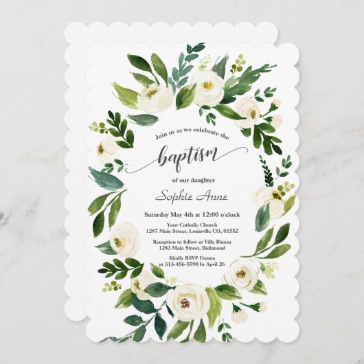 Invitation Aquarelle Fleurs blanches Croix d'or Fille Baptême (Devant / Derrière)