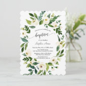 Invitation Aquarelle Fleurs blanches Croix d'or Fille Baptême (Debout devant)