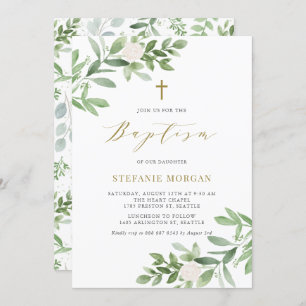 Invitation Aquarelle Fleurs blanches et Baptême de verdure
