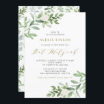 Invitation Aquarelle Fleurs blanches et Bat mitzvah de verdur<br><div class="desc">Famille Invitation et amis avec cette invitation fantaisiste de verdure. Cette invitation bat mitzvah présente des illustrations aquarelles de feuillage vert et de fleurs blanches et un motif de verdure assorti avec écriture or. Personnalisez en ajoutant les noms, la date, l'heure, le lieu et d'autres détails de l'événement. Cette invitation...</div>