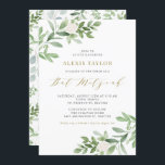 Invitation Aquarelle Fleurs blanches et Bat mitzvah de verdur<br><div class="desc">Famille Invitation et amis avec cette invitation fantaisiste de verdure. Cette invitation bat mitzvah présente des illustrations aquarelles de feuillage vert et de fleurs blanches et un motif de verdure assorti avec écriture or. Personnalisez en ajoutant les noms, la date, l'heure, le lieu et d'autres détails de l'événement. Cette invitation...</div>