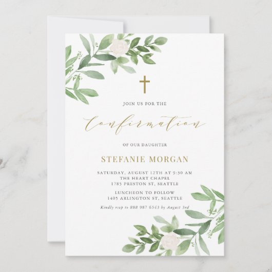 Invitation Aquarelle Fleurs blanches et confirmation de la ve (Devant)