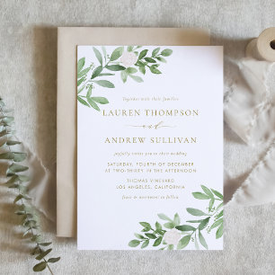 Invitation Aquarelle Fleurs blanches et Mariage or vert