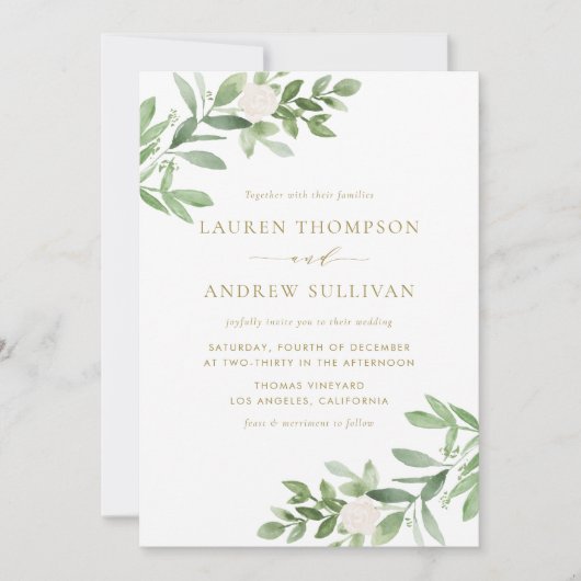 Invitation Aquarelle Fleurs blanches et Mariage or vert (Devant)