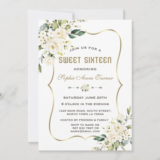 Invitation Aquarelle Fleurs blanches Gold Frame Sweet 16 (Devant)