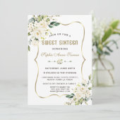 Invitation Aquarelle Fleurs blanches Gold Frame Sweet 16 (Debout devant)