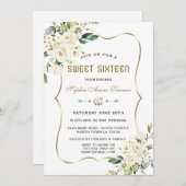 Invitation Aquarelle Fleurs blanches Gold Frame Sweet 16 (Devant / Derrière)