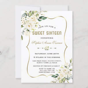 Invitation Aquarelle Fleurs blanches Gold Frame Sweet 16