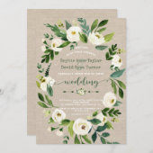 Invitation Aquarelle Fleurs blanches Mariage toile lin (Devant / Derrière)