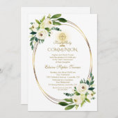 Invitation Aquarelle Fleurs blanches Or Sainte Communion (Devant / Derrière)