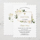 Invitation Aquarelle Fleurs blanches Rose Baptême d'or (Devant / Derrière)