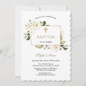 Invitation Aquarelle Fleurs blanches Rose Baptême d'or (Devant)