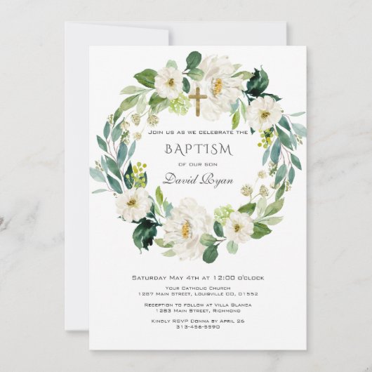 Invitation Aquarelle Fleurs blanches Wreath Cross Baptism (Devant)