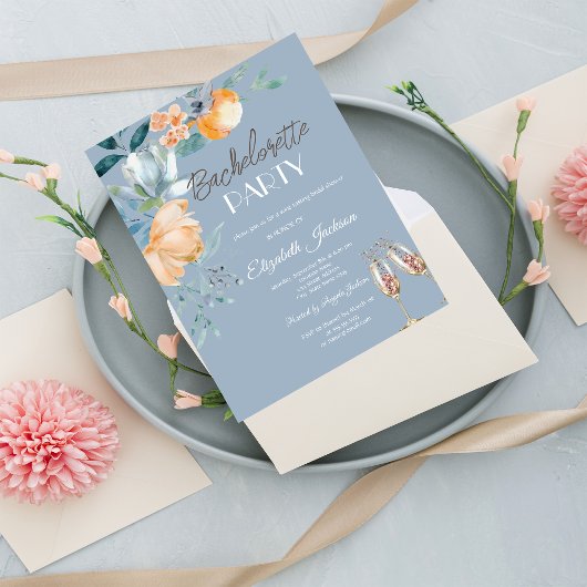 Invitation Aquarelle Fleurs bleu Dusty Bachelorette