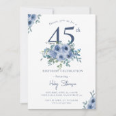 Invitation Aquarelle Fleurs Bleu Poussiéreux 45e Anniversaire (Devant)