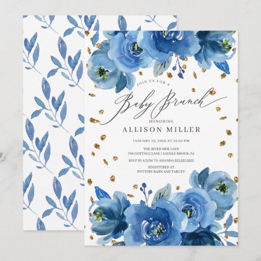 Invitation Aquarelle Fleurs Bleues Baby shower Brunch (Devant / Derrière)