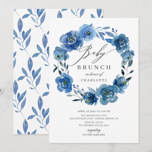 Invitation Aquarelle Fleurs Bleues Baby shower Brunch (Devant / Derrière)
