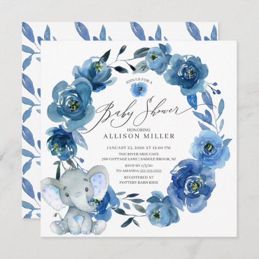 Invitation Aquarelle Fleurs Bleues Baby shower éléphant (Devant / Derrière)