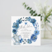 Invitation Aquarelle Fleurs Bleues Baby shower éléphant (Debout devant)