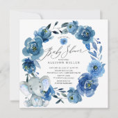 Invitation Aquarelle Fleurs Bleues Baby shower éléphant (Devant)