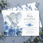 Invitation Aquarelle Fleurs Bleues Baby shower éléphant<br><div class="desc">Belle aquarelle indigo bleu marine fleurs design baby shower éléphant avec une feuille de coordination dos pour une touche spéciale.</div>